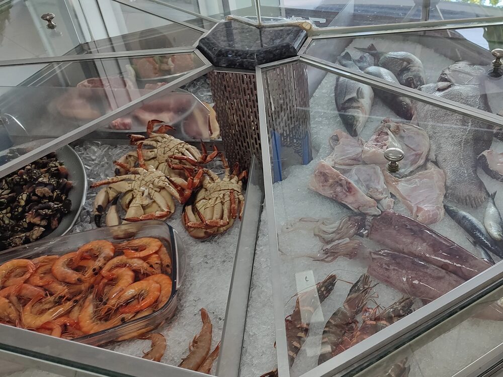 Expositor refrigerado da casa, com camarão, sapateiras, mexilhão, peixe inteiro, postas e lulas sobre gelo
