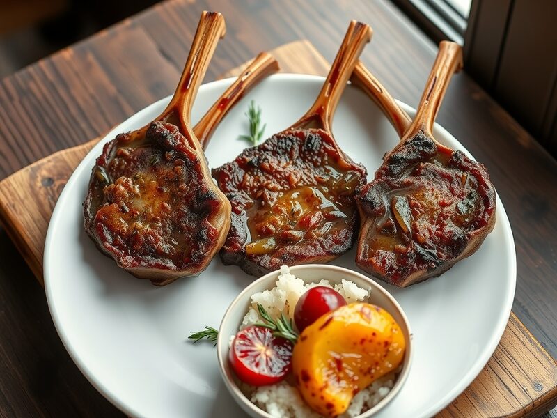 Costeletas de borrego grelhadas num prato branco com arroz