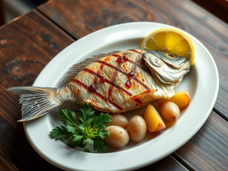 Robalo inteiro grelhado num prato branco com batatas e salsa