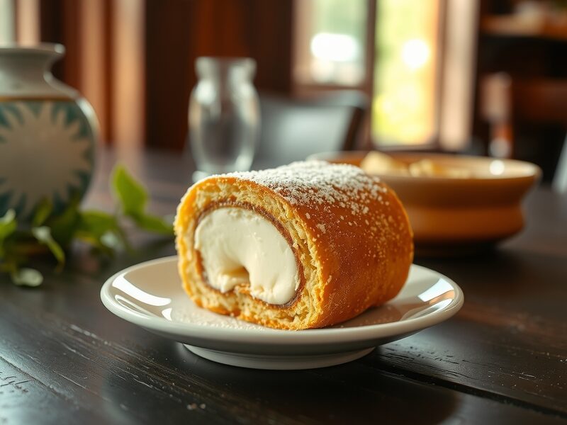 Torta enrolada com recheio de creme num prato branco