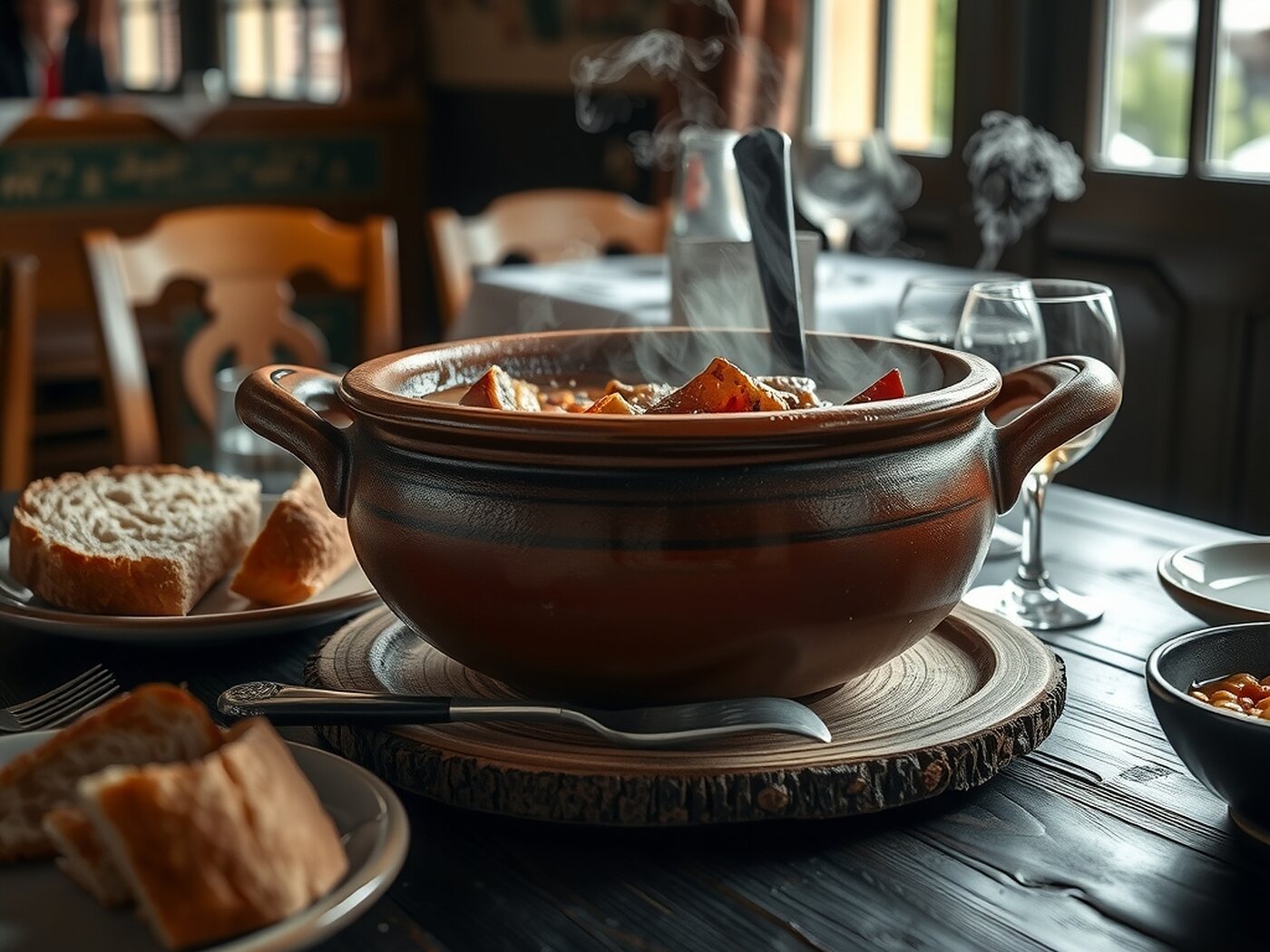 Tigela de barro com sopa da pedra a fumegar, pão às fatias e um copo de vinho numa sala com janelas